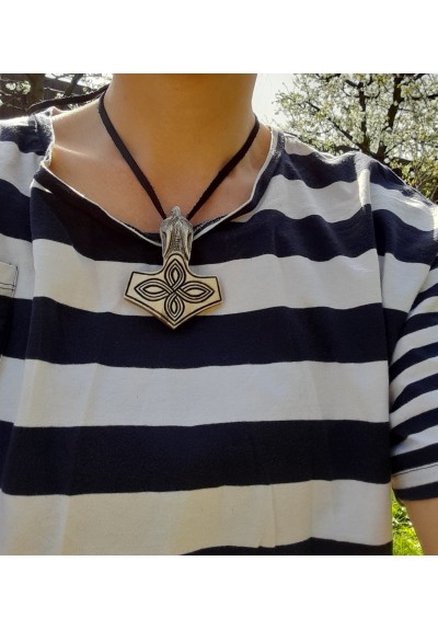 Hand-carved knotted Mjolnir amulet with Wolf head