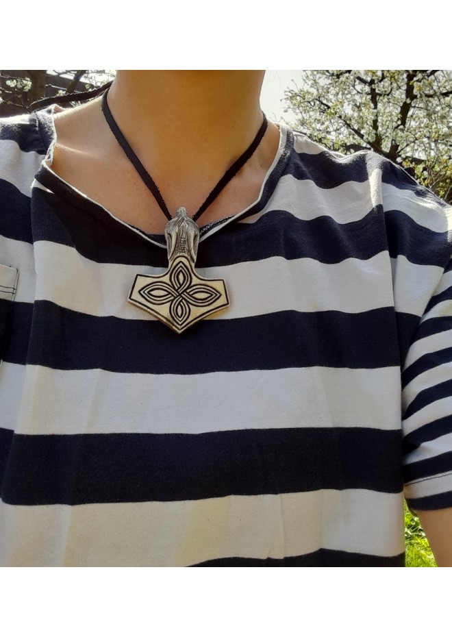 Moose antler Thor's Hammer amulet with Celtic Knot & Wolf