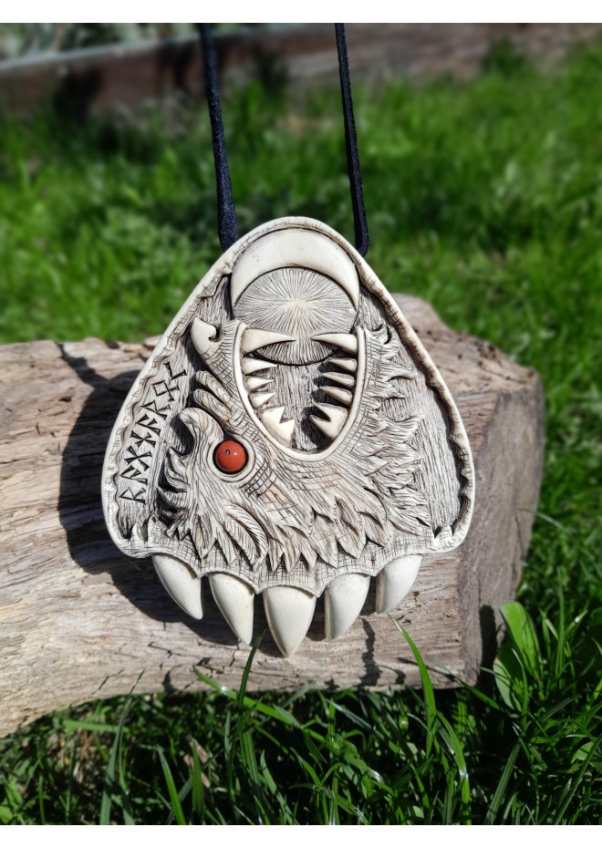 Hand-carved Viking amulet – Wolf, sun & moon symbol