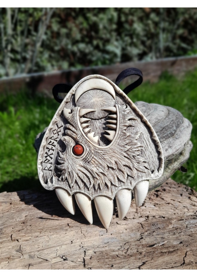 Hand-carved Viking amulet – Wolf, sun & moon symbol