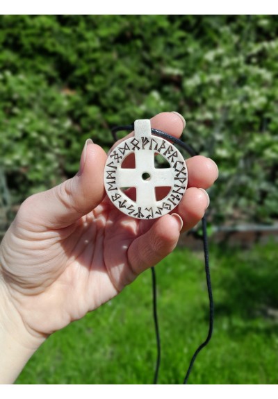 Antler sun cross Odin amulet with Elder Futhark ring.