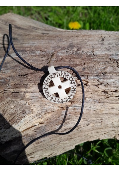 Antler sun cross Odin amulet with Elder Futhark ring.