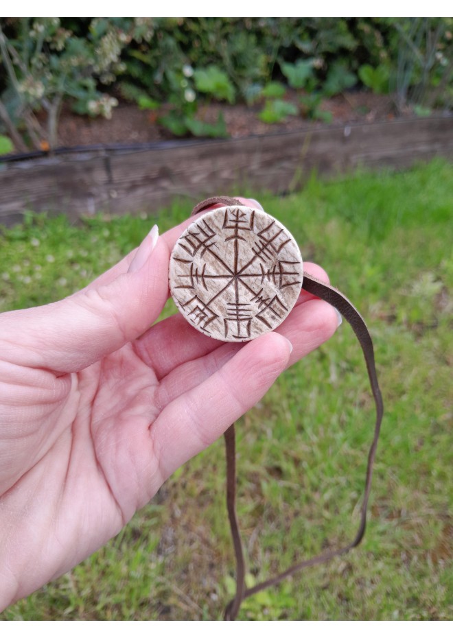 Hand-carved Viking Compass amulet from moose antler