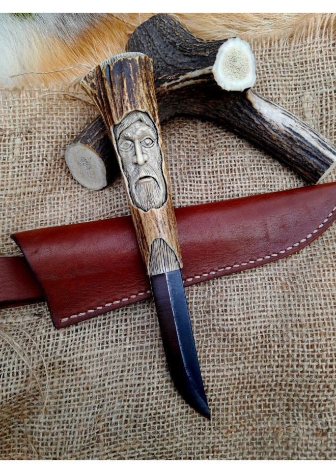 Norse knife "Odin" with antler hand-carved handle & sheath.