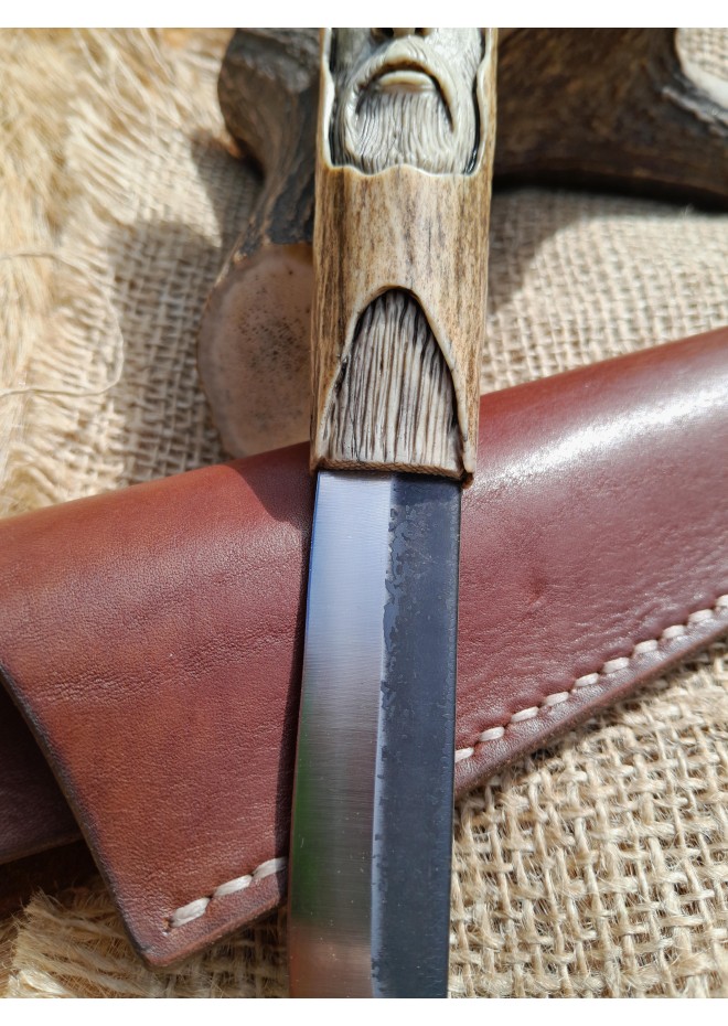 Norse knife "Odin" with antler hand-carved handle & sheath.