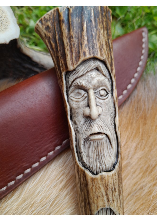 Norse knife "Odin" with antler hand-carved handle & sheath.
