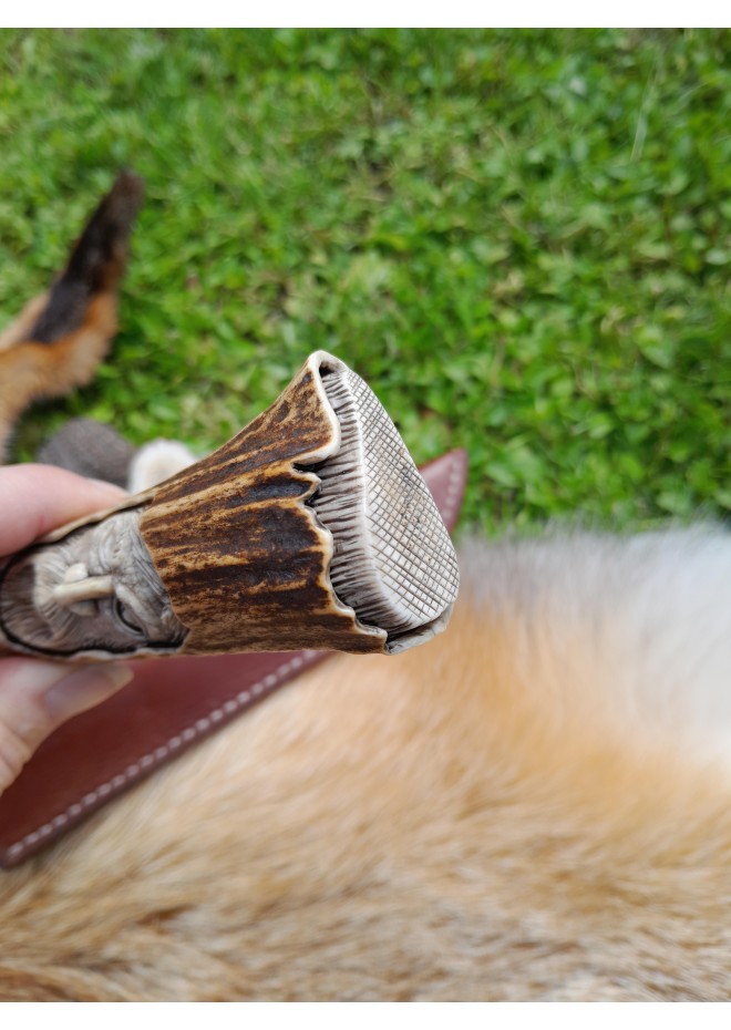 Norse knife "Odin" with antler hand-carved handle & sheath.