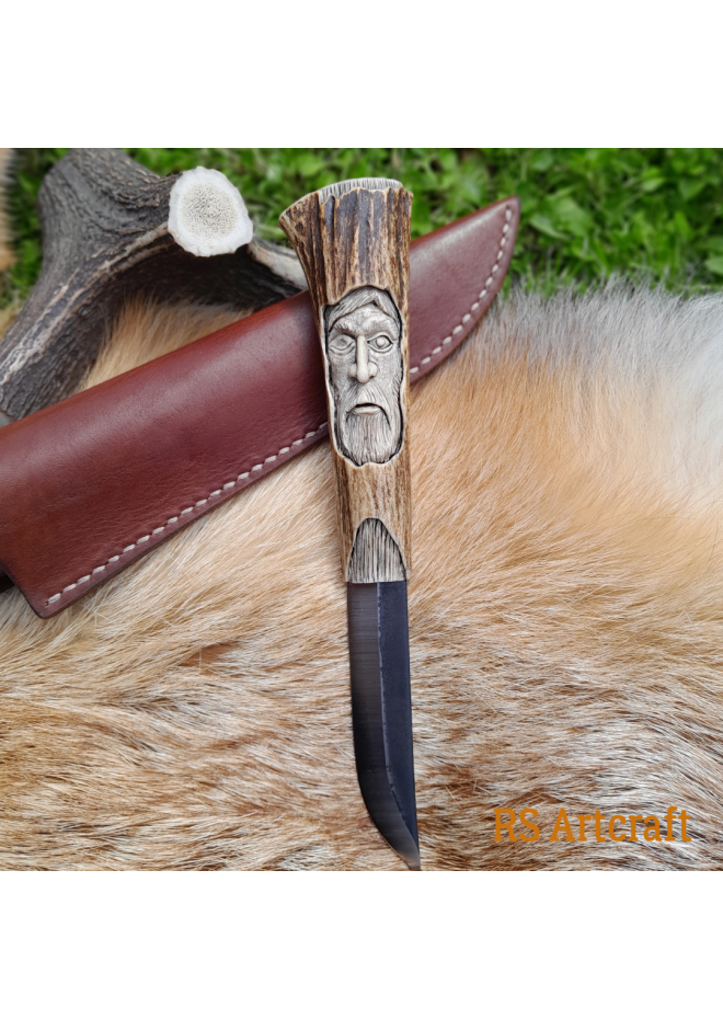 Norse knife "Odin" with antler hand-carved handle & sheath.