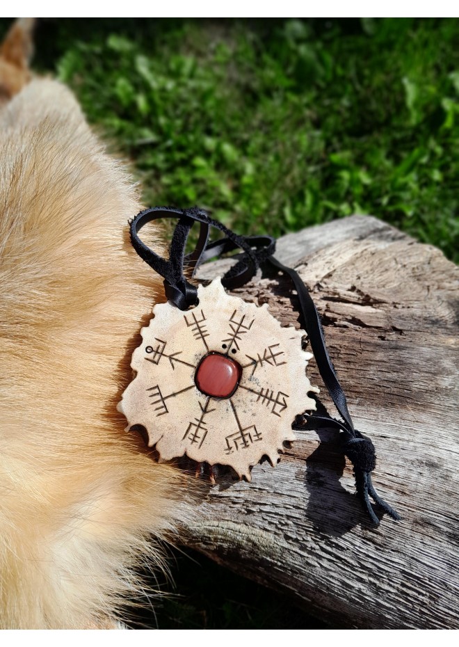 Norse antler amulet with Vegvisir, Alatyr & pink stone Norse antler amulet with Vegvisir, Alatyr & pink stone