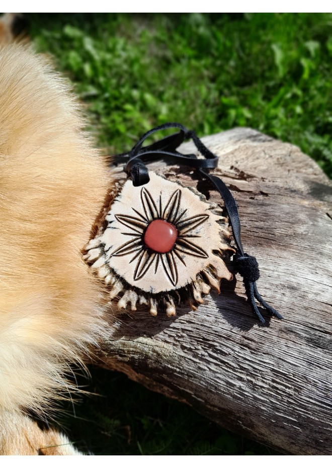 Norse antler amulet with Vegvisir, Alatyr & pink stone Norse antler amulet with Vegvisir, Alatyr & pink stone