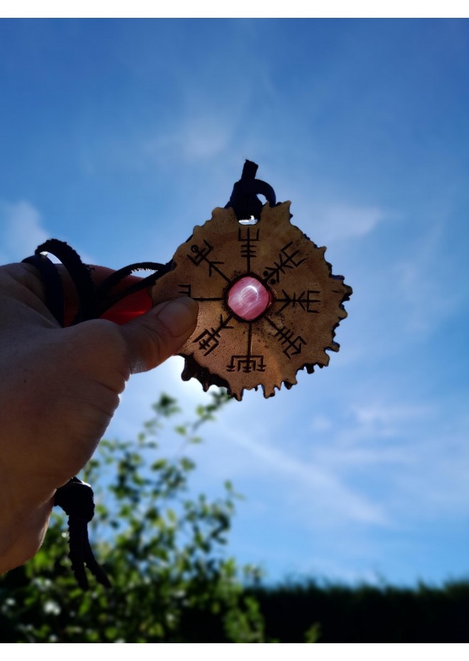 Norse antler amulet with Vegvisir, Alatyr & pink stone Norse antler amulet with Vegvisir, Alatyr & pink stone