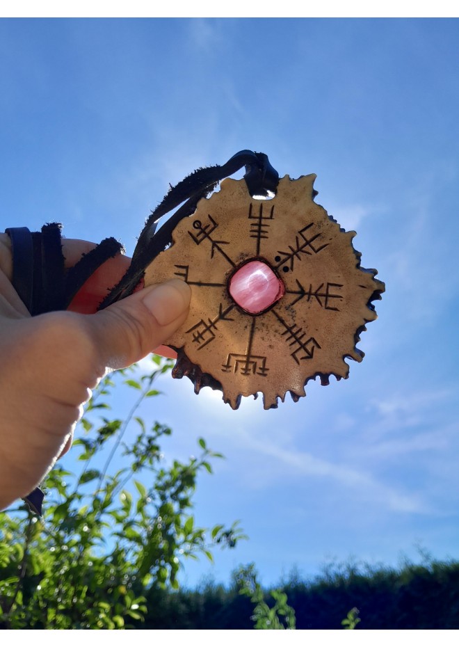 Norse antler amulet with Vegvisir, Alatyr & pink stone Norse antler amulet with Vegvisir, Alatyr & pink stone