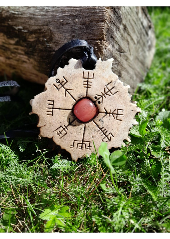 Norse antler amulet with Vegvisir, Alatyr & pink stone Norse antler amulet with Vegvisir, Alatyr & pink stone