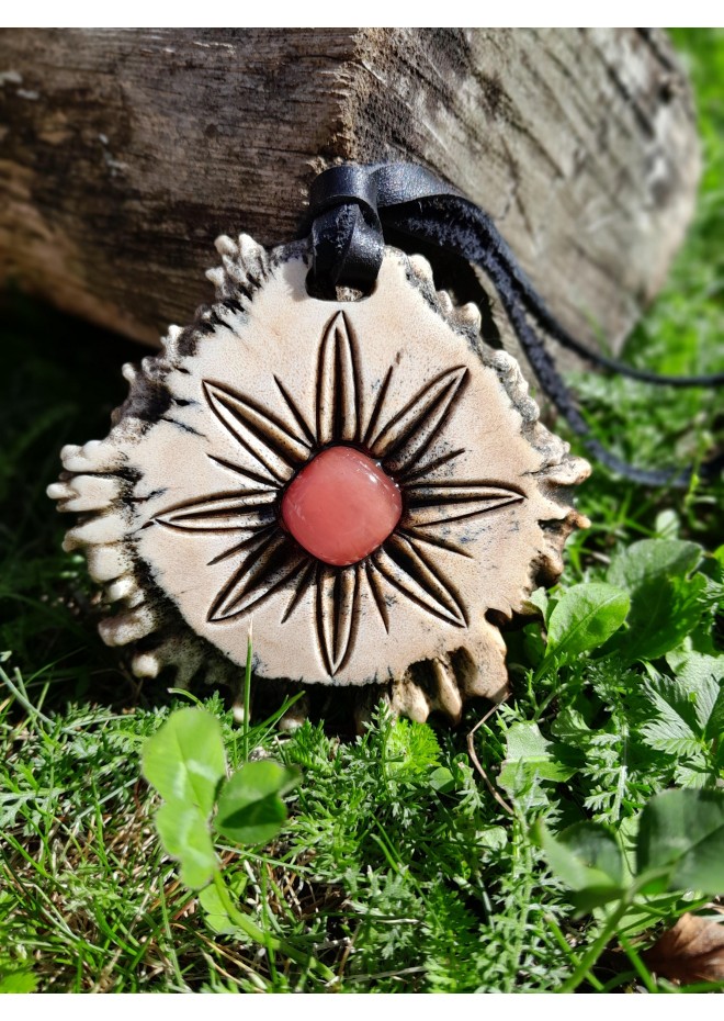 Norse antler amulet with Vegvisir, Alatyr & pink stone Norse antler amulet with Vegvisir, Alatyr & pink stone