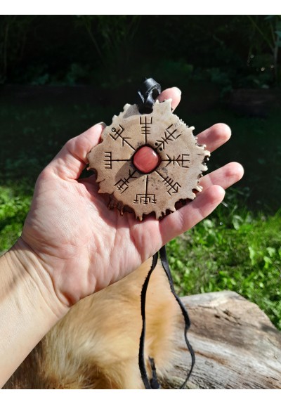 Viking moose antler amulet — Vegvisir & Alatyr, pink stone