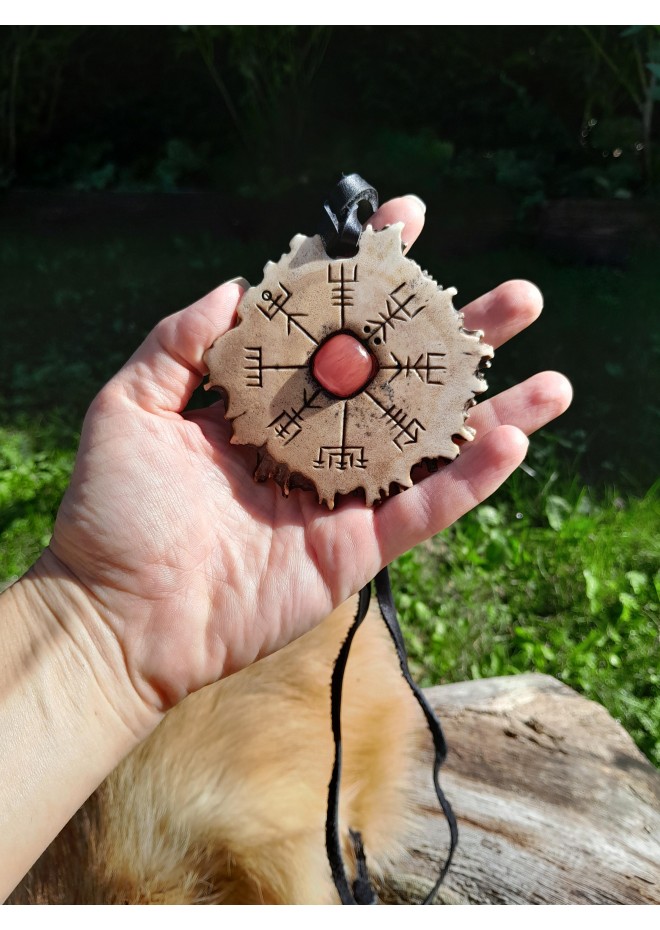 Norse antler amulet with Vegvisir, Alatyr & pink stone Norse antler amulet with Vegvisir, Alatyr & pink stone