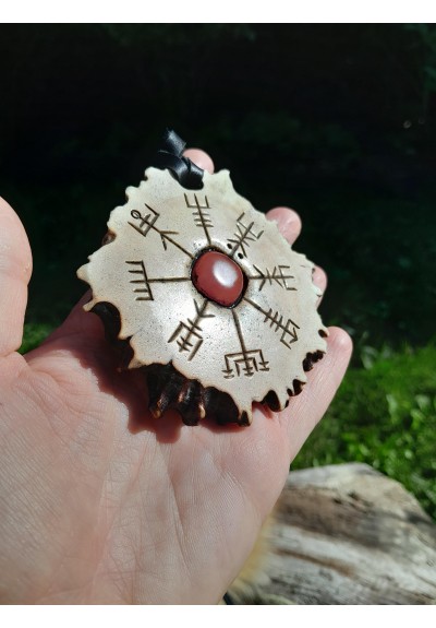 Viking moose antler amulet — Vegvisir & Alatyr, pink stone