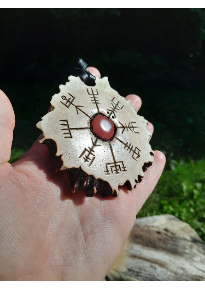 Norse antler amulet with Vegvisir, Alatyr & pink stone Norse antler amulet with Vegvisir, Alatyr & pink stone