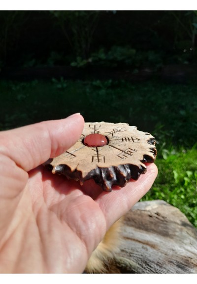 Viking moose antler amulet — Vegvisir & Alatyr, pink stone