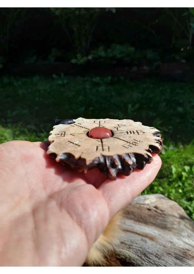 Norse antler amulet with Vegvisir, Alatyr & pink stone Norse antler amulet with Vegvisir, Alatyr & pink stone