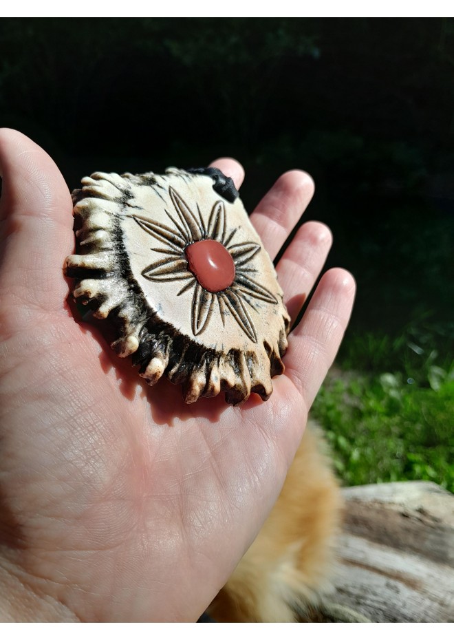 Norse antler amulet with Vegvisir, Alatyr & pink stone Norse antler amulet with Vegvisir, Alatyr & pink stone