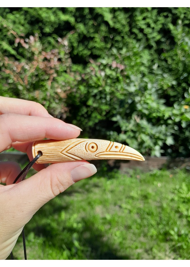 Hand-carved Viking raven pendant from antler