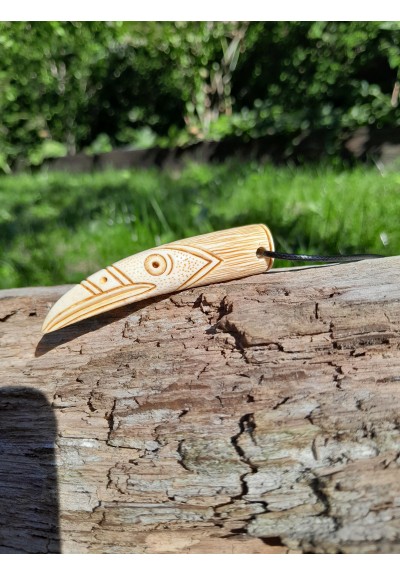 Hand-carved Viking raven pendant with Algiz rune. Norse motif jewelry