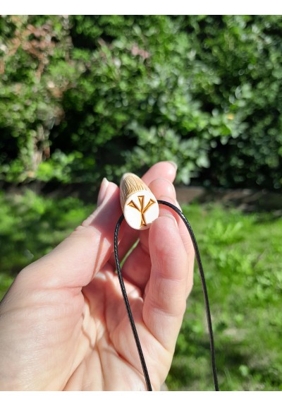 Hand-carved Viking raven pendant with Algiz rune. Norse motif jewelry