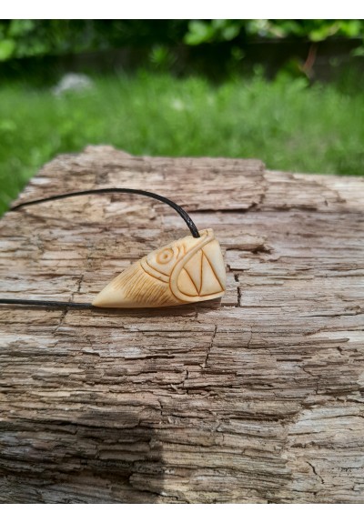 Hand-сarved Viking amulet. Dragon head with Algiz rune, moose antler pendant