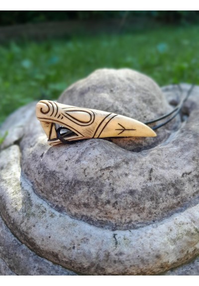 Hand-сarved Viking amulet. Dragon head with Algiz rune, moose antler pendant