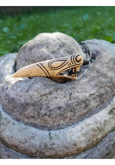 Hand-сarved Viking amulet. Dragon head with Algiz rune, moose antler pendant