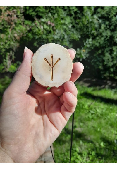 Hand-carved moose antler amulet with Helm of Awe and Algiz rune