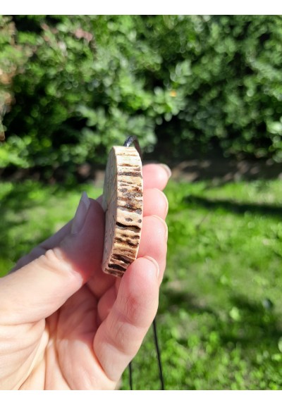 Hand-carved moose antler amulet with Helm of Awe and Algiz rune