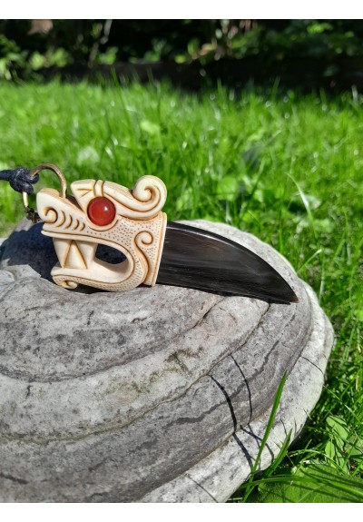 Viking Dragon pendant | Hand-carved moose antle & buffalo horn amulet with carnelian eye