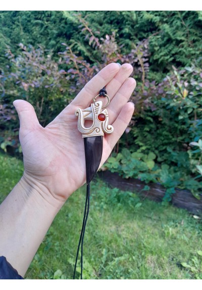 Viking Dragon pendant | Hand-carved moose antle & buffalo horn amulet with carnelian eye