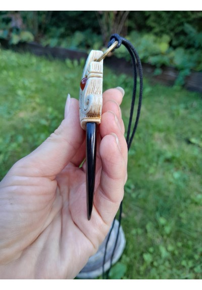 Viking Dragon pendant | Hand-carved moose antle & buffalo horn amulet with carnelian eye