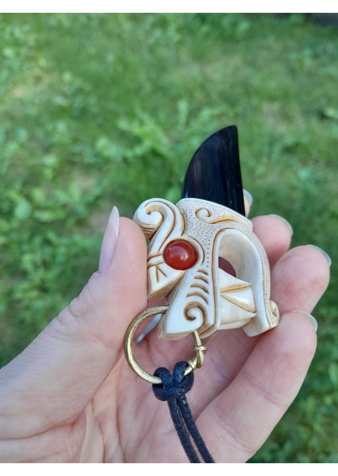 Hand-carved moose antler & buffalo horn Dragon pendant