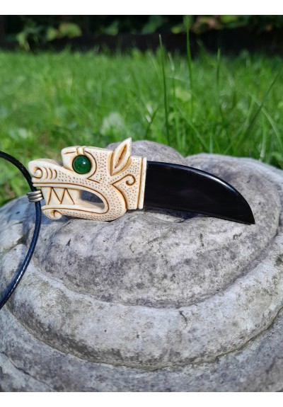 Hand-carved Viking Wolf amulet from moose antler and buffalo horn with green gemstone eye