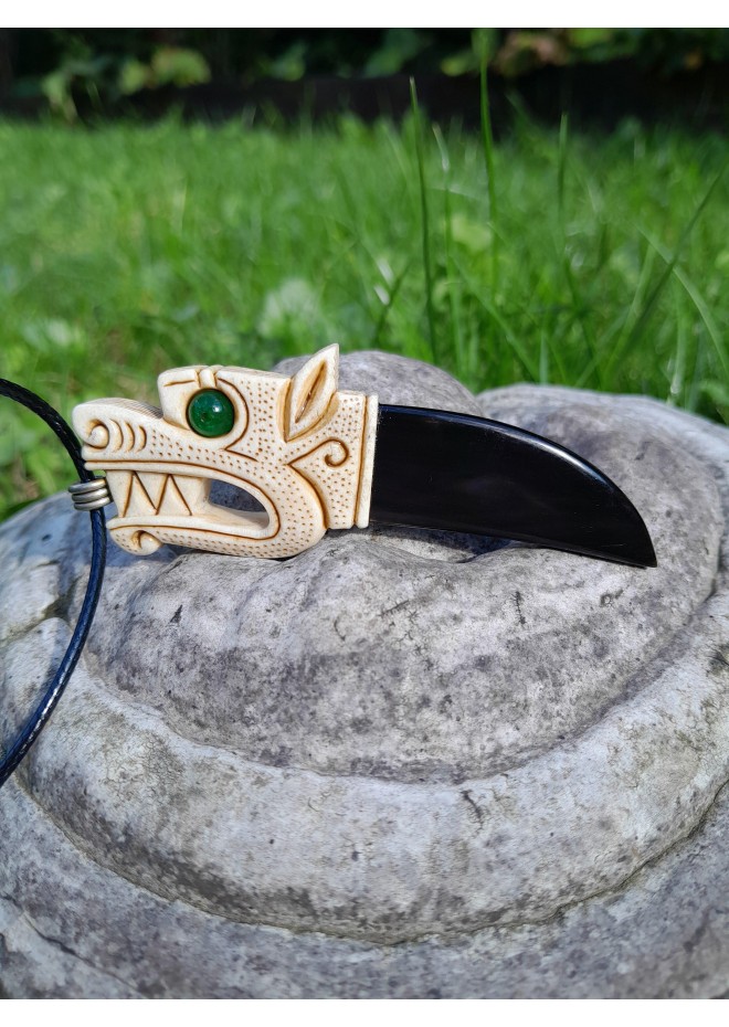 Viking Wolf amulet with green gemstone eye