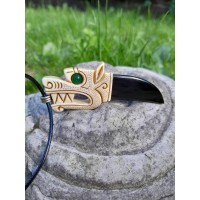 Hand-carved Viking Wolf amulet from moose antler and buffalo horn with green gemstone eye