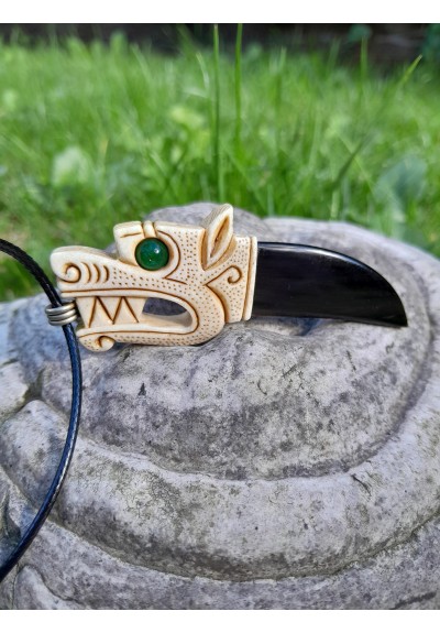 Hand-carved Viking Wolf amulet from moose antler and buffalo horn with green gemstone eye