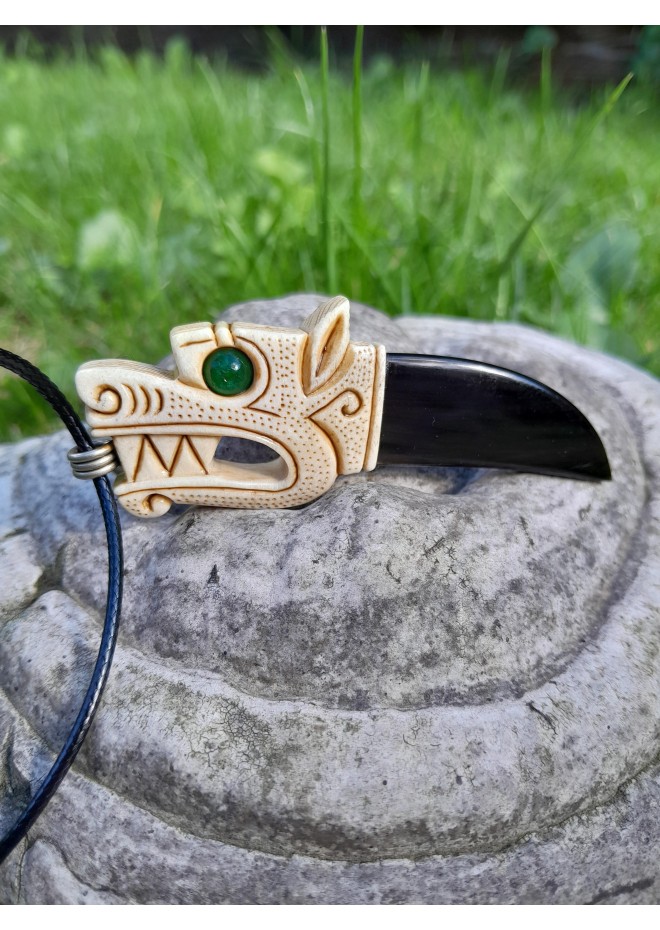 Viking Wolf amulet with green gemstone eye