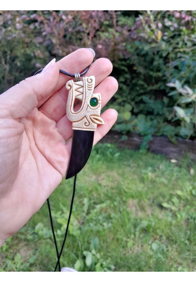 Hand-carved Viking Wolf amulet from moose antler and buffalo horn with green gemstone eye