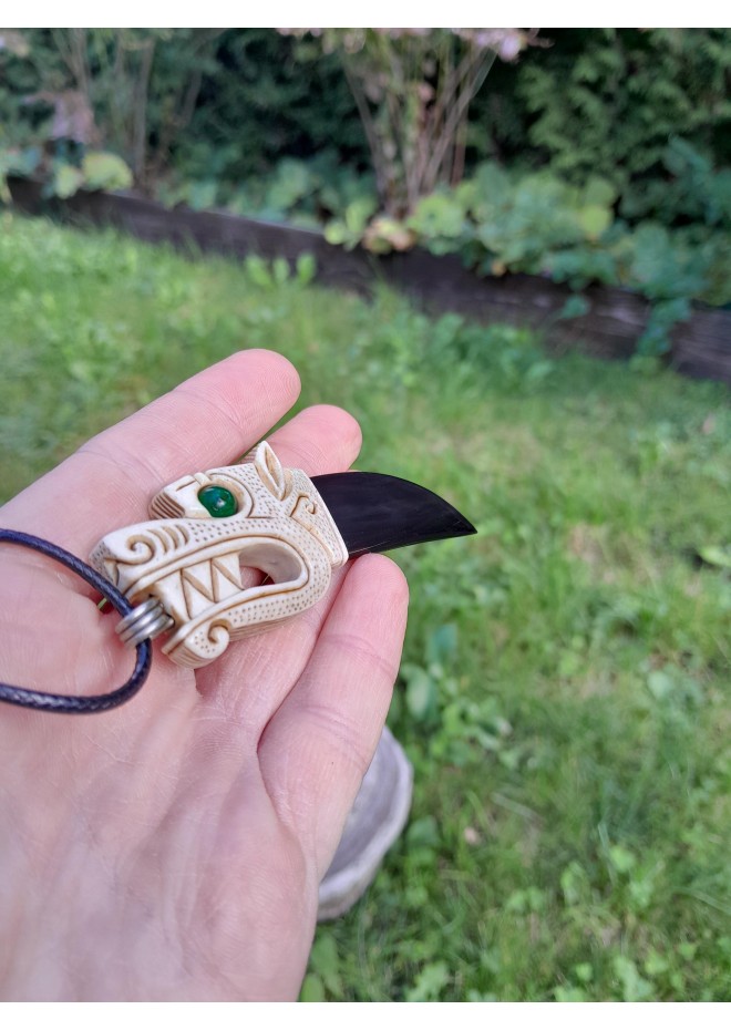 Viking Wolf amulet with green gemstone eye