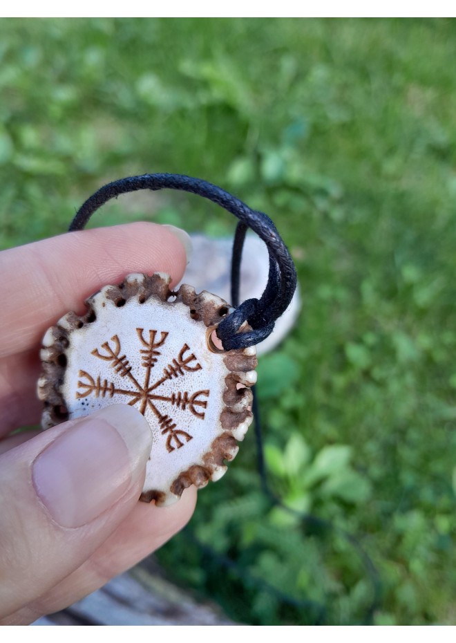 Hand-carved Odin amulet from moose antler with Helm of Awe