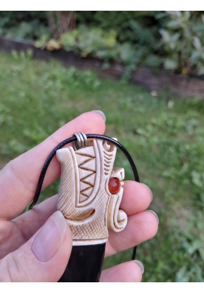 Hand-carved Viking Dragon amulet. Moose antler & buffalo horn