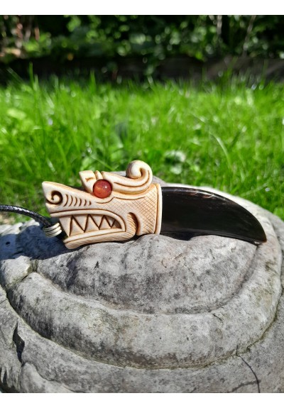 Hand-carved Viking Dragon amulet. Moose antler & buffalo horn