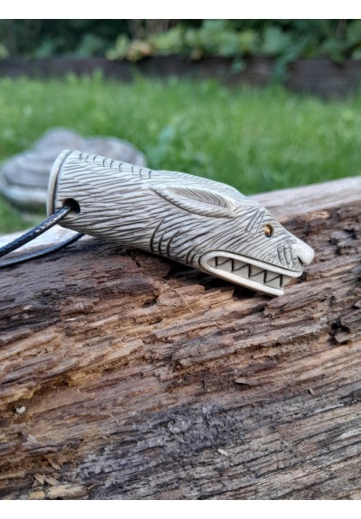 Moose antler hand-carved Viking Wolf pendant with Tiwaz rune