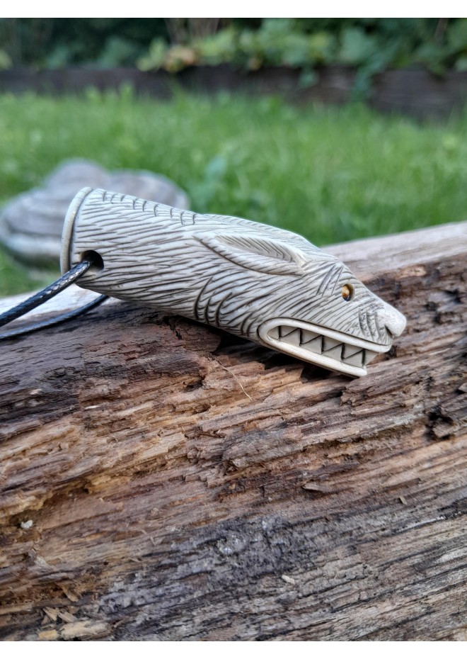 Norse moose antler Wolf pendant with Tiwaz rune