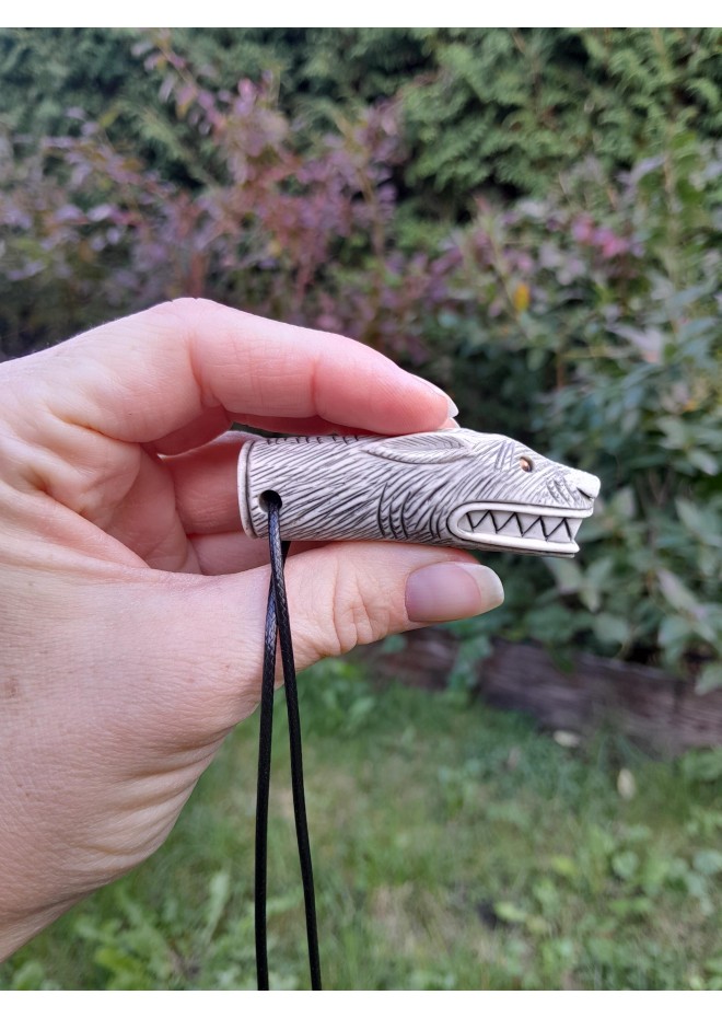 Norse moose antler Wolf pendant with Tiwaz rune